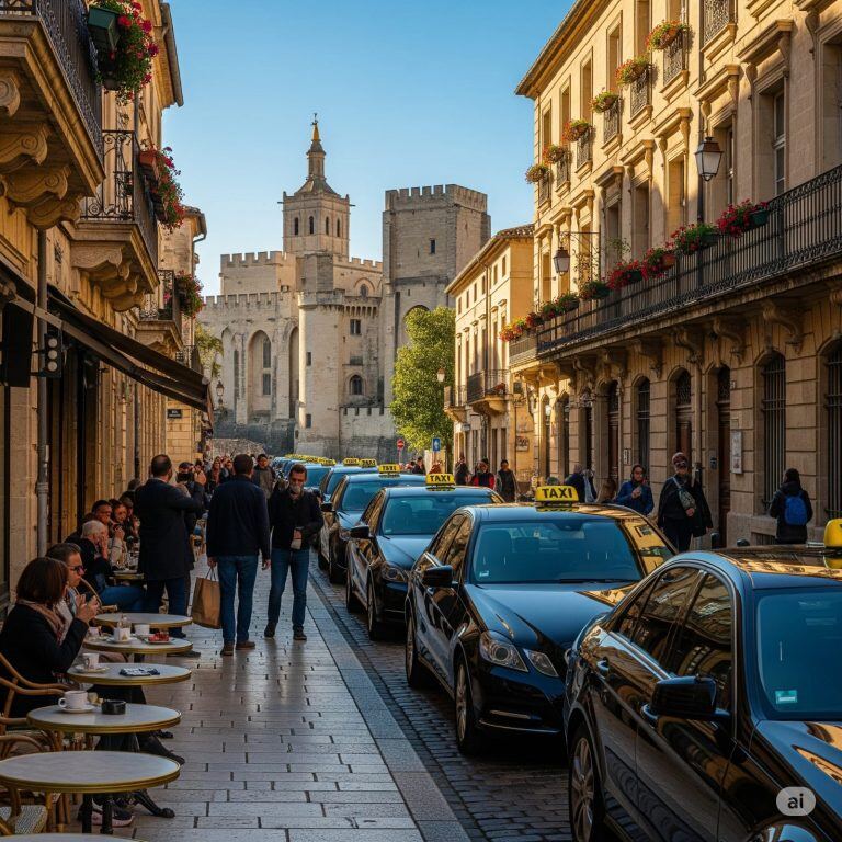 Taxis dans une rue d'Avignon avec le Palais des Papes en arrière-plan